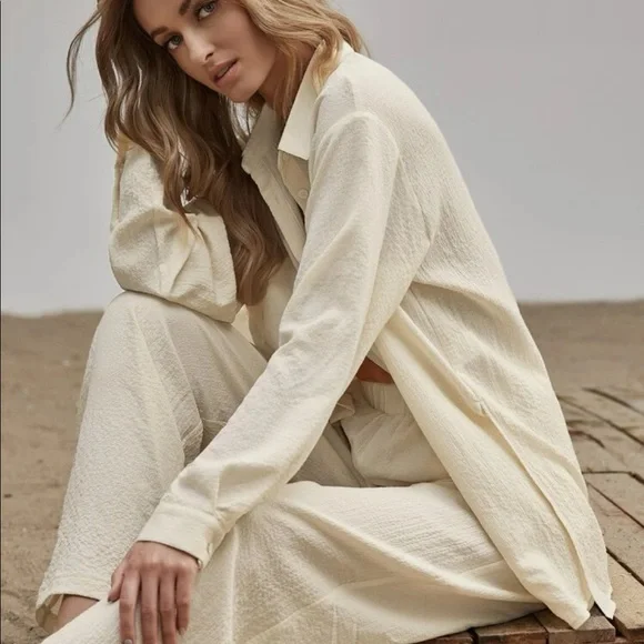 Shirt Pants 2 PC SET wide leg loose button collar spring summer womens cream - Picture 2 of 13